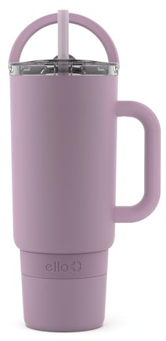Ello Port 40oz Tumbler with Carry Loop & Integrated Handle, Vacuum Insulated Stainless Steel Reusable Water Bottle, Travel Mug with Leak Proof Lid and Straw, Perfect for Iced Coffee and Tea, Mauve