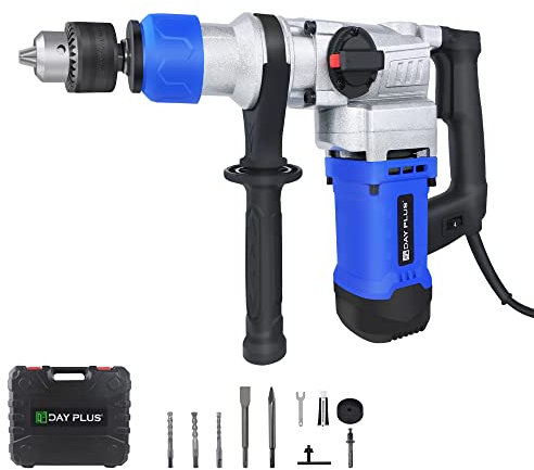 Brushless SDS Rotary Hammer Drill, 360 positional Side Handle, 3-Functions, 4 Adjustable Speed 0-4500rpm, 3 Drill Bits, Point and Flat Chisel, with Carrying Case