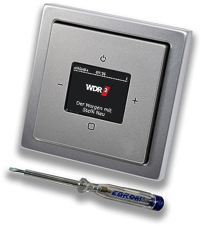 Busch Jäger DAB+ (DAB PLUS) Unterputz Radio (8215U-101) PUR Edelstahl, Komplett-Set 8215 U – 101, Rahmen und Radioabdeckung inkl. EBROM Phasenprüfer zur Montage des Geräts