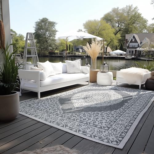 ELLE Decoration In und Outdoor Teppich Orientalisch– Wendeteppich Wetterfest & Wasserfest – Vintage Design Outdoorteppich Orient für Garten, Balkon, Terrasse, Wohnzimmer – Silber, 120x170cm