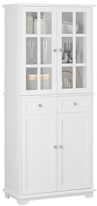 SoBuy FSB76-W Küchenschrank mit Glastüren Hochschrank Aufbewahrungsschrank Badezimmerschrank mit 6 Fächern und 2 Schubladen Buffet Weiß BHT ca. 75x175x40cm