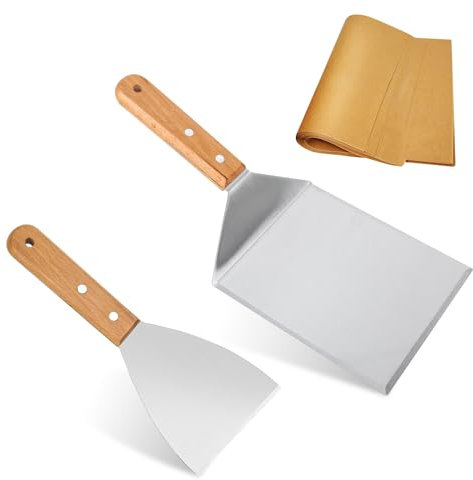 smtfcty Grillspachtel 2 Stücke Grillwender Set mit Holzgriff, Grillbesteck BBQ Werkzeugset Edelstahl inkl. Burgerpapier Grill Pfannenwender für Smash Burger,Plancha Spachtel, Teppanyaki Zubehör