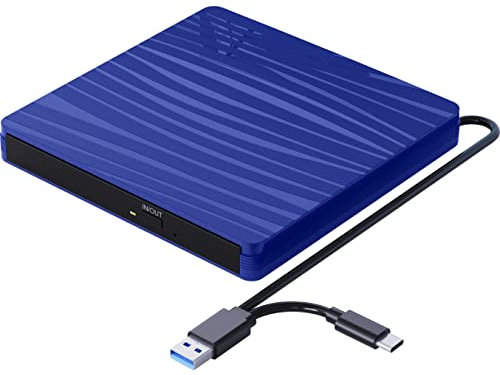 QDSYLQ Externes CD DVD Laufwerk USB 3.0 Type-C Tragbar CD DVD +/-RW Brenner Optical Drive DVD Laufwerk Extern für Laptop, PC, Desktop, MacBook, iMac, Windows 11/10/8/7/XP/Linux/Vista/MacOS-Blau