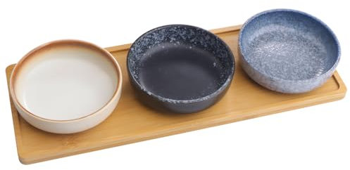 BouGPeng 3 Stück Keramik Dipschalen Sushi Sojasauce Dip Schälchen 9cm Mini Gewürzschale Keramik Dip Schalen Set mit Brett für Snacks Dessert Dips und Saucen Servierschalen Set