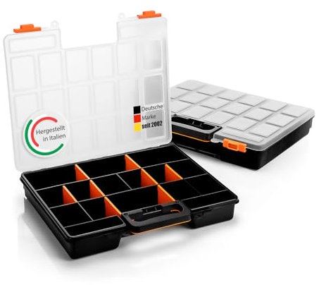 BigDean 2 Stück Sortimentskasten stapelbar 38x33x6cm praktische Sortierbox mit 16 Fächern – Werkzeugkoffer leer Organizer Box Sortierkasten - Sortierboxen für Kleinteile - Made in Italy