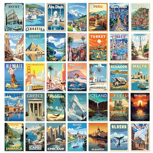 97 Decor - Décoration de voyage vintage Affiches mondiales Impressions d'art mural Kit de collage photos rétro Villes populaires Paysage urbain tendance