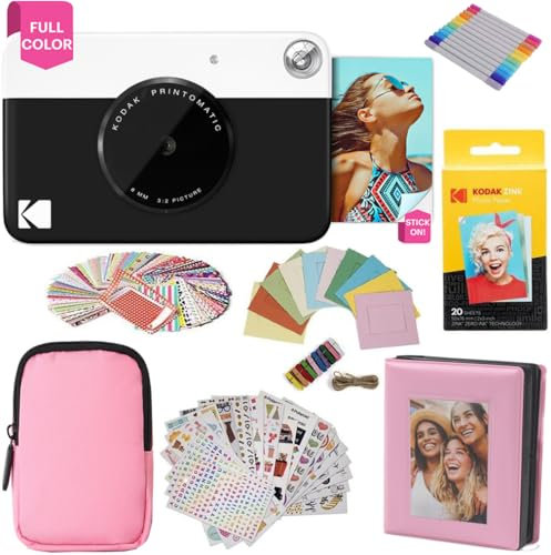 KODAK Printomatic fotocamera a stampa istantanea + custodia morbida + carta fotografica Zink 2x3 20pz + album + adesivo + cornici per adesivi + cornici sospese + pennarelli - Nero