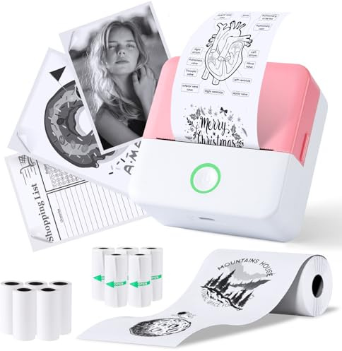 PRAOAHEI Mini Drucker, Tragbarer Fotodrucker mit 10 Rollen Druckerpapier, Bluetooth-Etikettendrucker, Thermodrucker für Notizen, Fotos, Tagebücher, Heimwerken, kompatibel mit iOS und Android (Rosa)