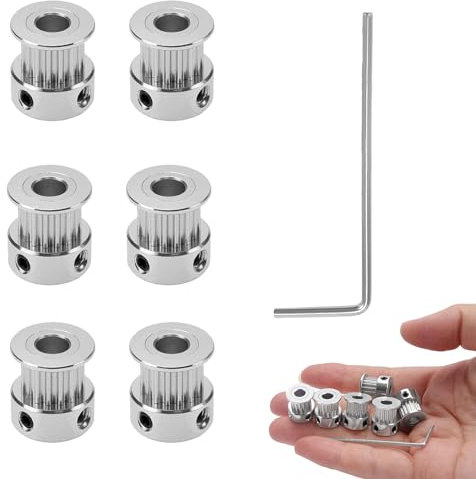 6 Stück GT2 Synchronrad Riemenscheibe und Sechseckschlüssel,Zahnriemen Satz ohne Gurt,Aluminium GT2 Zahnriemen Riemenscheibe Mit Innensechskantschlüssel,GT2-16 Zahnbreite 6 Innenloch 5 Höhe 14(Silber)