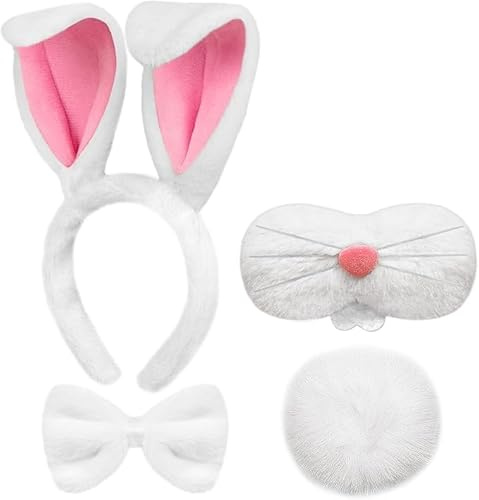 Conjunto de Diadema Orejas de Conejo, Accesorios de Disfraz de Conejo con Diadema Orejas Conejo Cola, Nariz Conejo Pajarita, Diadema con Orejas de Conejo para Niños Adultos Pascua Cosplay Carnaval