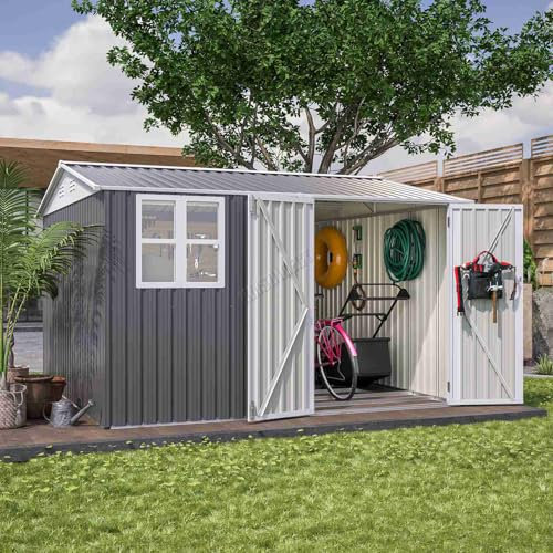 BIRCHTREE Garden Shed Steel Apex Roof House Outdoor Backyard Storage With Lockable Double Doors Window Free Foundation Tool Equipment Organizer Air Vents 10x10FT Grey