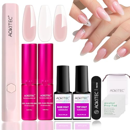 Aokitec vernis gel uv semi permanent Kit: Ensemble de Lampe UV vernis àgles on en gel teintes nudes rose et blanc avec lampe à main pour ongles et kit de base et top coat, idéal pour les voyages