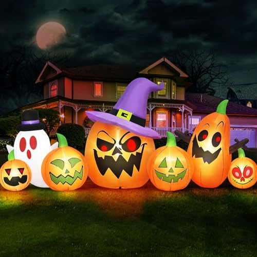 Danxilu 8FT Halloween Inflatable Pumpkins with Ghost Outdoor Decoration | Built-In LED Lights, Blow Up Decor with Witch Hat and Scary Faces, Ideal for Garden Lawn Outside Yard Indoor Party