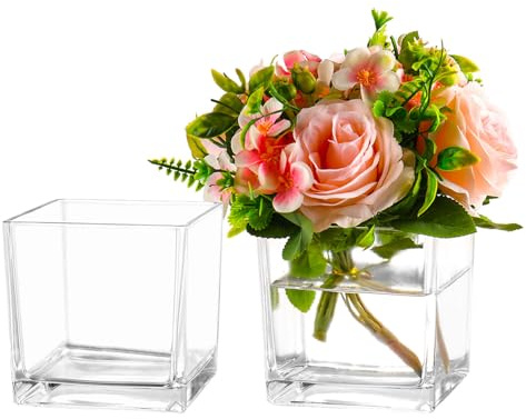 MARTAGE Square Clear Glass Vases Set of 2, 6 x 6 x 6 Square Vase for Centerpieces, Flower Vases for Centerpieces, Small Vase for Wedding, Party, Home Office Decoration