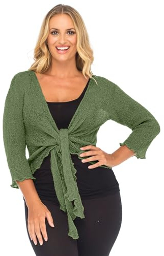 NetSetUK Women’s Fish Net Tie Up Shrug 3/4 Sleeve Fine Knitted Ladies Bolero Shrug Top Jacket Cardigan One Size Khaki
