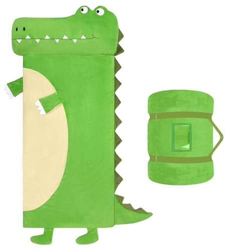 Sacco a Pelo Bambini Sfoderabile con Cuscino, Nap Mat Caldo in Peluche a Forma di Coccodrillo, Sacco Nanna Grande Pieghevole per Interno Esterno Campeggio, 170x70cm, Verde