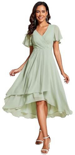 Ever-Pretty Robe de Cocktail Soirée Maxi Col V Asymétrique Manche Courte pour Invite Maiage Verte Menthe 36