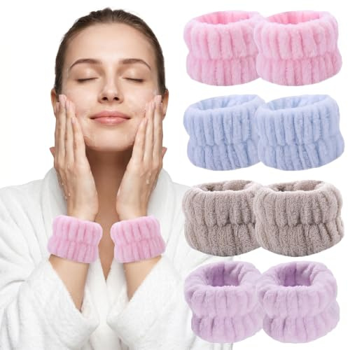 4 Par Muñequeras Toalla, Muñequeras de SPA,Bandas de Muñeca Absorbentes de Agua Suave, Muñequeras de Microfibra para Lavarse Cara,para Maquillaje y Lavar Cara,para Niña Mujer(Estilo 3)