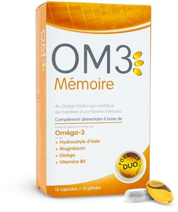 OM3 - MÉMOIRE-Formule Duo : Huile de poissons & Plantes -Oméga-3, Centella, Gingko, Magnésium et Vitamine B5 - 15 capsules + 15 gélules