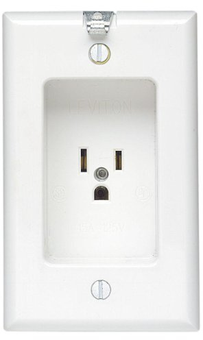 Leviton 15 Amp/125V 1 Gang Recessed Single Receptacle, Residential Grade, with Clock Hanger Hook, 688-W, White