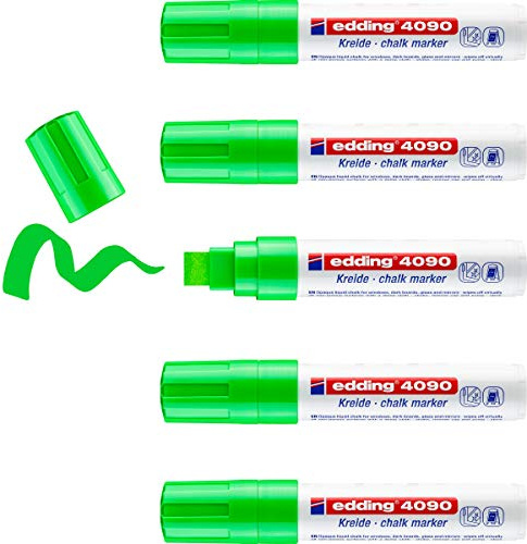 Edding 4090 Marqueur Liquide - Vert Clair - 5 Feutres Liquides - 4-15 mm - Effaçable sur Vitres et Verre - Ardoise aux Couleurs Opaques
