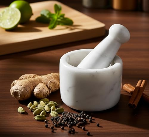 KLEO 6,3 cm mortel- och stötset – Örtkvarn, guacamole-stötstöt, Icke-porös, Luktresistent – ​​Vitlökspress, Frökvarnar, Köksredskap
