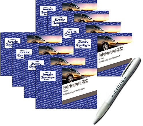 AVERY Zweckform 222 Fahrtenbuch für PKW (A6 quer, 40 Blatt) weiß (10 Stück | mit Kuli)