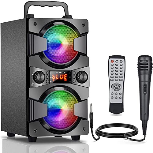 TENMIYA, A20 Altoparlante Bluetooth 60W in Legno, Cassa Portatile con Microfono, Luci Colorate, Radio FM, USB, Micro SD, TF Card, Aux, Controllo Acuti e Bassi, Karaoke