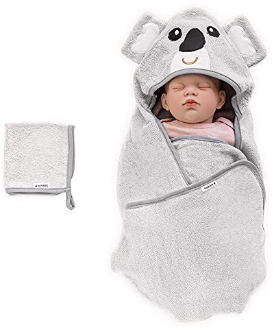 Navaris Baby Handtuch mit Kapuze und Waschlappen - Set aus Bambus - Badetuch ab 0 Monate - Kapuzenhandtuch 70x70cm Ökotex Zertifiziert - Koala Design