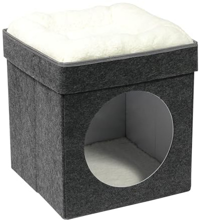 Bonlife Foldable Large Cat Beds for Indoor,Pet Tent Bed House with Removable Cushion,Warm Comfortable Semi-Enclosed Cat Hideaway,Grey,45X45X50CM