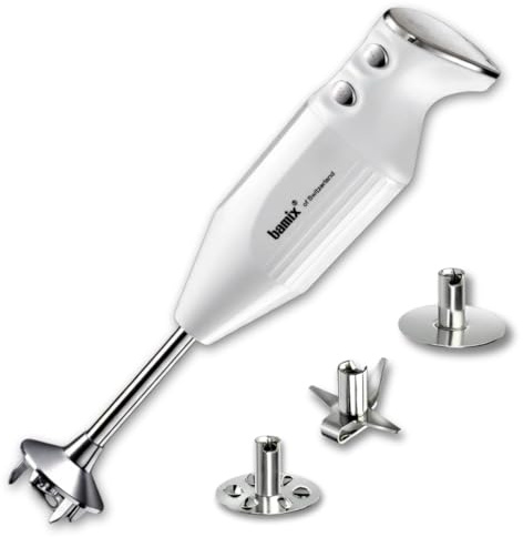 bamix Frullatore a immersione sbattitore M250 PRIME incl. lama multiuso, frusta, frullino in acciaio inox, 250 watt, 2 velocità, Made in Switzerland, Bianco/cromo