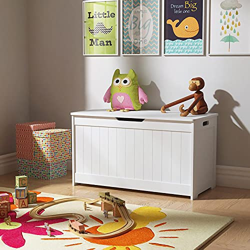 Walgreen Wooden Large Children Kids Storage Bench Toy Chest -White Storage Space Toy Box Chest Ottoman Bench Foot Rest Seat for Bedroom and Living Room