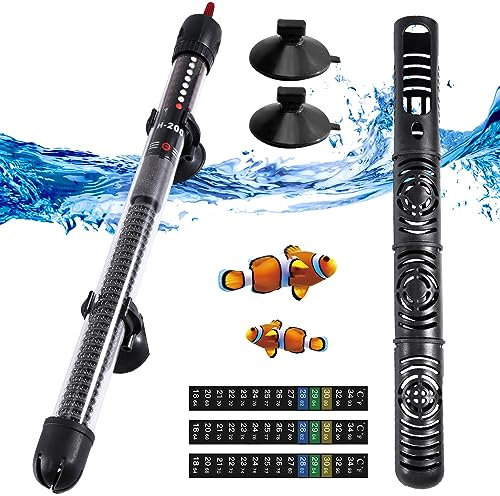Silkwish Aquarium Heizung 200w 200L, Einstellbar Temperatur Aquarium Heizstab mit Saugnäpfen, Heizstab Aquarium mit 3 Thermometer Aufkleber