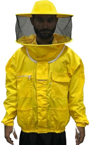 URBANSBEE Giacca da Apicoltura cotone professionale con rotondo Cappello Maschera Velo Beekeeping Jacket Apicoltore Camiciotto (Giallo Tondo, L)