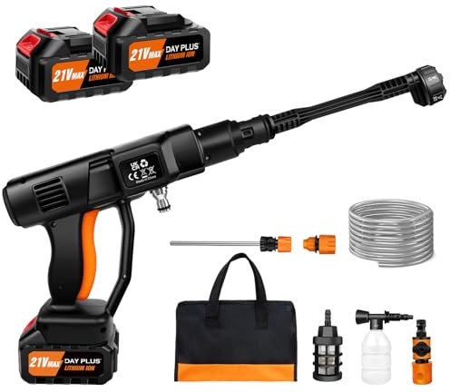 High Pressure Washer Gun Portable Power Washer, 21V Cordless Pressure Cleaner with 6-in-1 Nozzle, 5m Hose, 45 Bar/652 PSI, Foam Pot, 2X 3.0Ah Battery, Ideal for Car Washing, Patio Cleaning and More