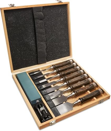 Stechbeitel Set für Holz, 10-Teilig Holzmeißel Set, Holzbearbeitungswerkzeuge Holzschnitzerei Hand Meißel Werkzeug, mit Schleifstein und Schleifführung Holzbearbeitung Schwarznuss Meißel Set