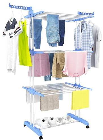 Mi Ko Mi Ka Tendedero Plegable de Acero Inoxidable para Ropa, 4 Niveles con Alas Laterales, 6 Bandejas Retráctiles, 35 kg de Capacidad, 4 Ruedas 360° y Diseño Plegable para Ahorrar Espacio (Azul)