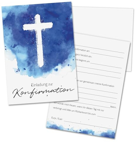 younikat Einladungskarten Konfirmation I 15 Stück I DIN A6 (10,5 x 14,8 cm) zum Ausfüllen mit Lückentext I inkl. 15 Stück Umschlägen I Postkarte Aquarell Blau Kreuz I dv1563