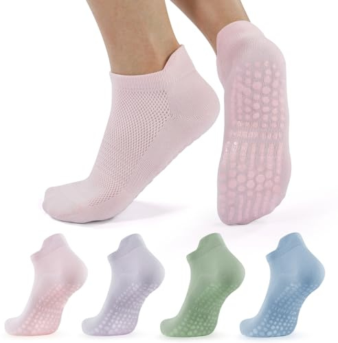 BUDERMMY 4 Pairs Pilates Yoga Grip Socks for Women Non Slip Slipper Grippy Socks Breathable Cotton Dance Trampoline Trainer Socks (UK, Numeric, 3, 5, Regular, Regular, Mixed color)