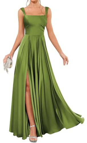 Vestidos de dama de honor de satén para mujer, vestidos de dama de honor con abertura, vestidos de graduación, plisados, vestidos de cóctel, talla grande, verde oliva, 42