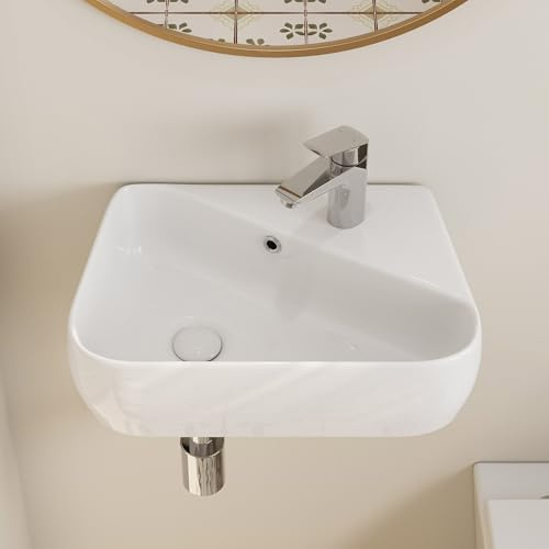 HOROW Lavabo Pequeño de Encimera con Orificio para Grifo y Desagüe de Cerámica Blanco 45 cm Lavabo Mini para Baño de Invitados, Mesa de Baño, Baño