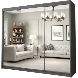 DELUXEWARE 2&3 Sliding Door Wardrobe - Elegant Wardrobe with Double Full-Length Mirror, Hanging Rail & Shelves | Sleek Matt Finish Bedroom Wardrobes with Strong Mdf Construction (Gray, 250cm)