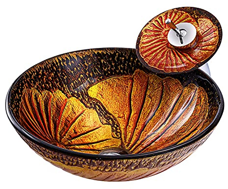 Lavabo de baño artístico de Vidrio Templado Naranja, Redondo, para encimera.