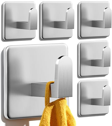 Auxmir 6 Piezas Ganchos Adhesivos para Pared, Ensanchado Acero Inoxidable Colgador Toallas sin Taladro, Toalleros Autoadhesivo Extrafuerte para Baño Cocina Albornoz Trapos, Plata