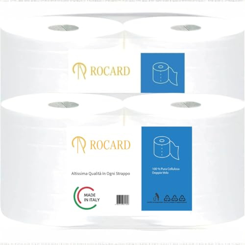 Rocard® – Maxi Carta – 4 Rotoloni Asciugatutto, Super Assorbenti, 2 Veli Pura Cellulosa con Microgoffratura, Fino a 3200 Strappi – Ideale per Uso Alimentare, Domestico e Professionale