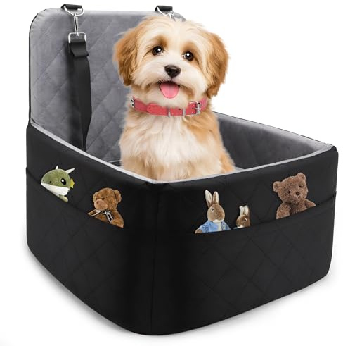 Dog Car Seat for Small/Medium Dogs,Pet Dog Booster Car Seat Puppy 15-35 lbs with Soft 4+2in Detachable Pads Detachable Elevated Cushion and Washable Cover Safety Belt Storage Pockets Easy to Install