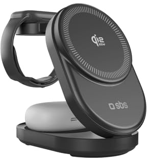 SBS Qi2 25W Power Dock 3in1 MFI MagSafe, Caricatore Wireless per iPhone, AirPods, Apple Watch, Ricarica Rapida 35W (25W+5W+5W), Caricabatterie Magnetico, Alimentazione USB-C, Certified MFI, Nero