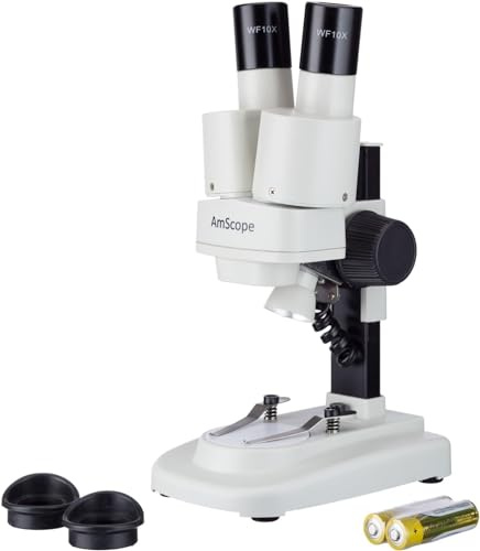 AmScope Kids SE100Z-LED Portable Binocular Stereo Microscope, WF10X and WF20x Eyepieces, 20X and 40X Magnification, 2X Objective, LED Light Source, Reversible Black/White Stage Plate, Battery-Powered