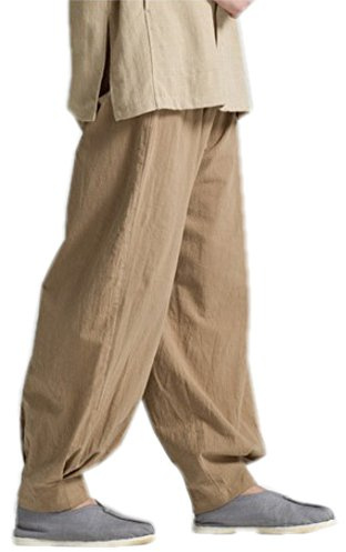 ZanYing Men Casual Yoga Taichi Pants Summer Loose Monk Pants (L, Khaki)