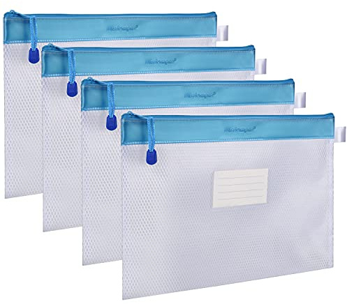 Wisdompro Zipper Pouch, 4 Packs Durable Letter Size Waterproof Mesh File Bag, Document Organizer - Blue
